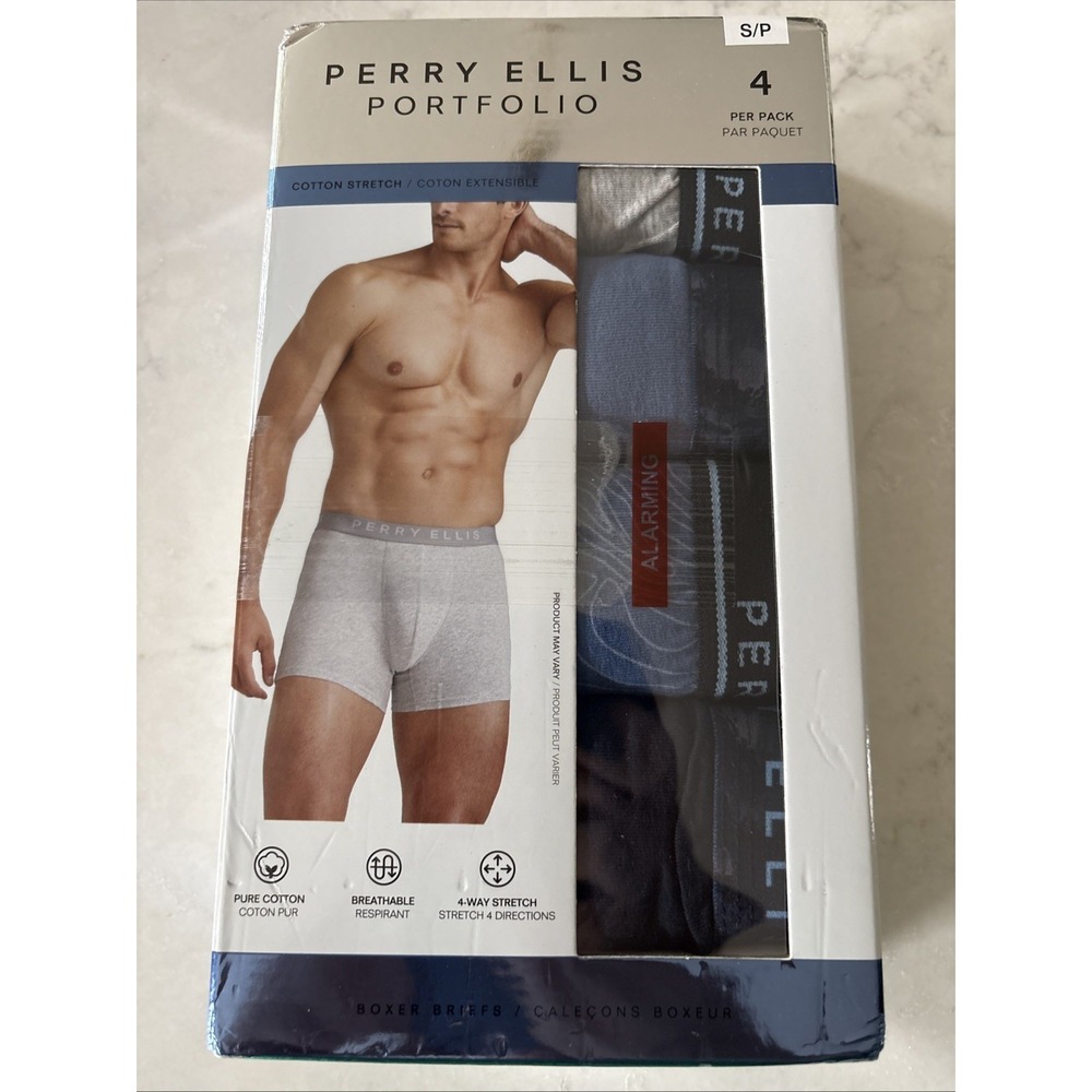 PERRY ELLIS Mens S (28-30)  4 Pack Pairs Boxer Briefs BluesCotton Soft Luxe